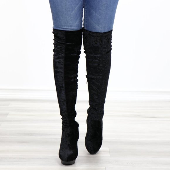 Black Velvet Thigh High Heel Boots Back Tie - Picture 15 of 15